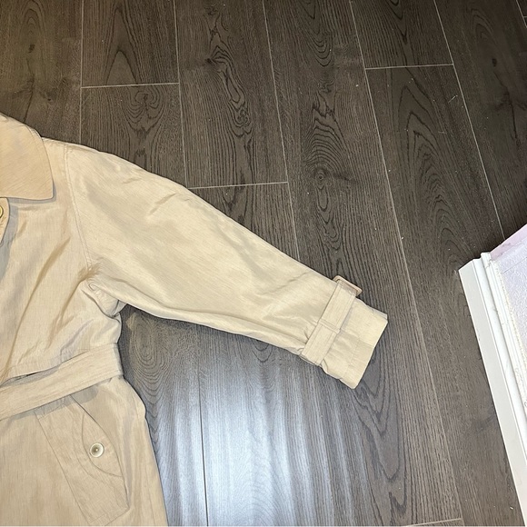 Utex Design Long Trench Coat Lightweight Lined Belt Tan Padded Shoulders Sz 16 - Picture 6 of 16